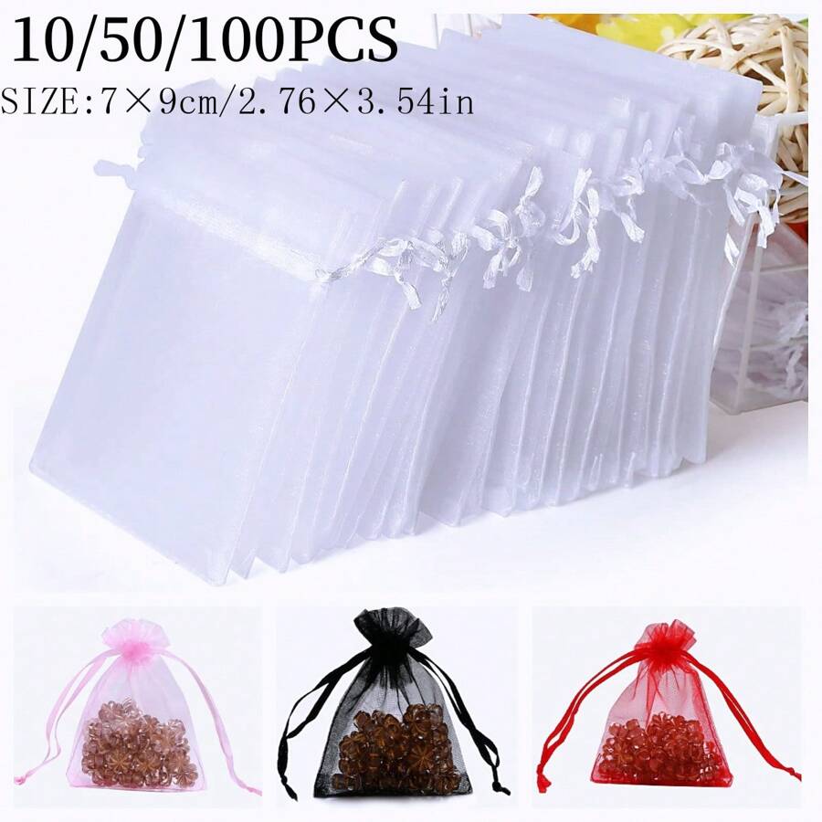 10/50/100 pièces Sacs cadeaux en organza, sacs pour cadeaux de mariage, taille 7*9cm, fournitures d'emballage cadeaux pour les fêtes, événements et fêtes, maison et vie, fournitures pour fêtes de mariage, pochettes cadeaux de centre de table, sacs d'emballage de cuisson, sacs d'emballage de cadeaux de bijoux, sacs à mailles pour cadeaux d'événements et de fêtes, convenant pour divers festivals, célébrations, fêtes en plein air, toutes les saisons, sacs anti-insectes pour fruits, retour à l'école, Saint-Valentin