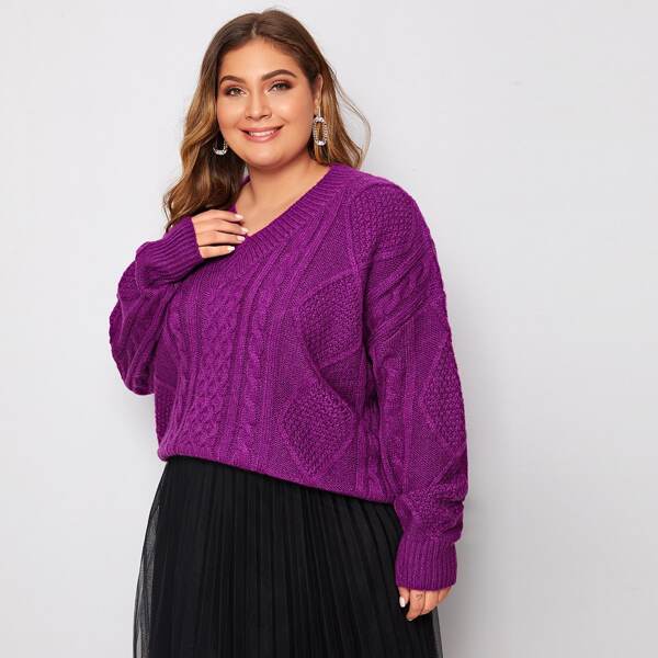 Plus Drop Shoulder Cable Knit Sweater, Purple
Plus Drop Shoulder Cable Knit Sweater, Purple