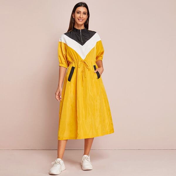 Zip Half Placket Colorblock Chevron Windbreaker Dress, Yellow bright
Zip Half Placket Colorblock Chevron Windbreaker Dress, Yellow bright