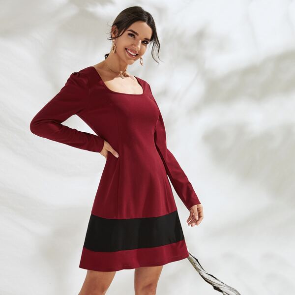 Contrast Panel Square Neck A-line Dress, Burgundy
Contrast Panel Square Neck A-line Dress, Burgundy