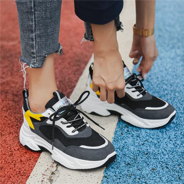 Lace-up Front Mesh Panel Chunky Sneakers, Grey