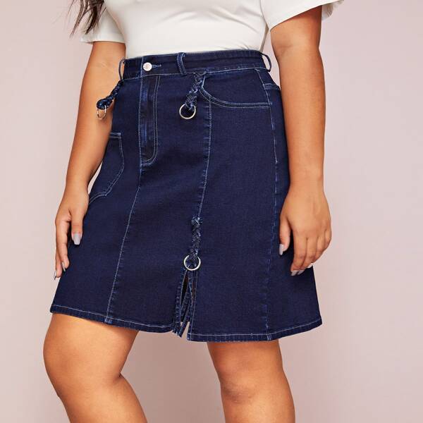 Plus Ring Braided Strap Detail Split Hem Denim Skirt, Navy
Plus Ring Braided Strap Detail Split Hem Denim Skirt, Navy