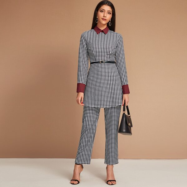 Contrast Collar Gingham Blouse & Straight Leg Pants, Black and white
Contrast Collar Gingham Blouse & Straight Leg Pants, Black and white