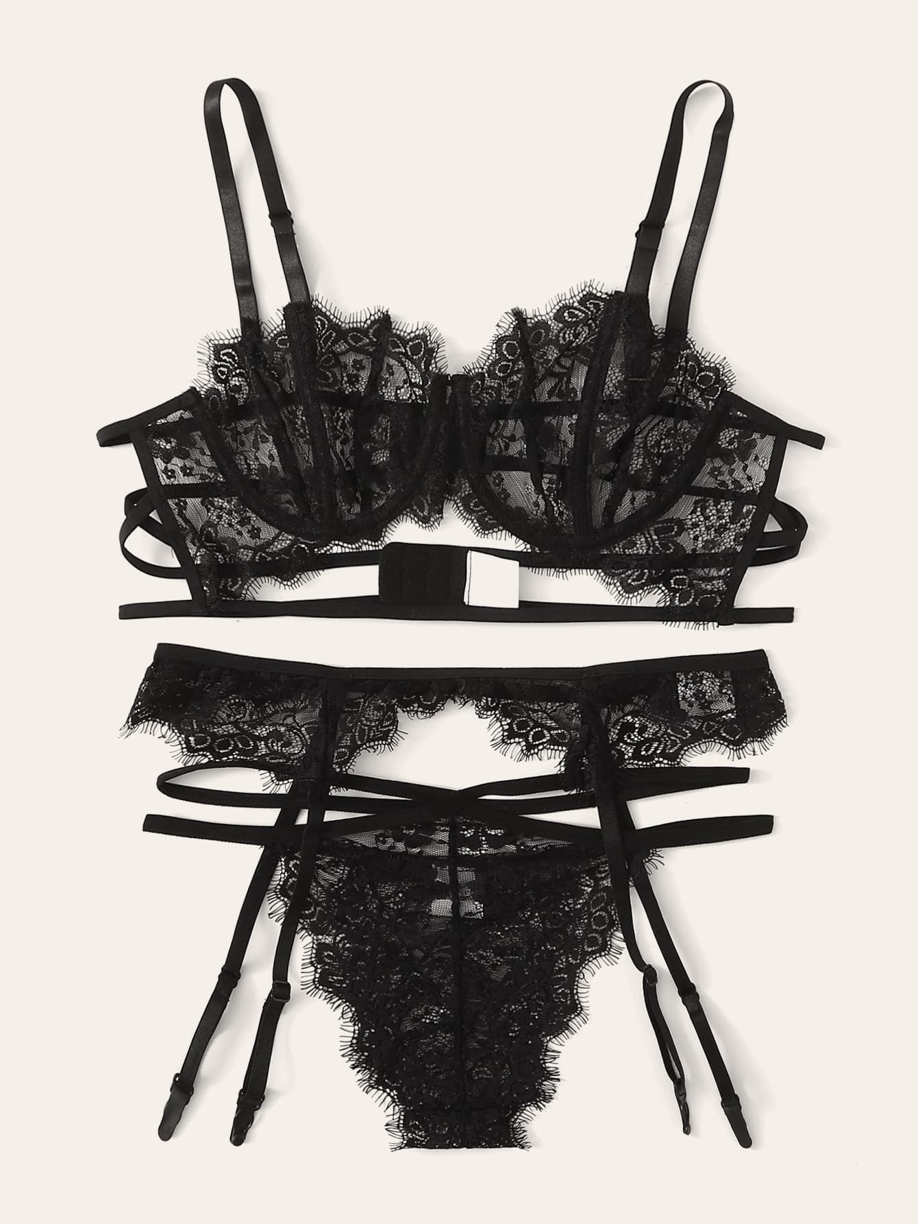 Conjunto De Lingerie De Renda Pura Floral SHEIN