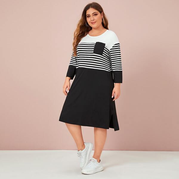 Plus Striped Colorblock Split Side Tee Dress, Black and white