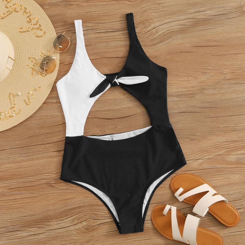Two Tone Knot Front One Piece Swimwear, Black and white 
Two Tone Knot Front One Piece Swimwear, Black and white