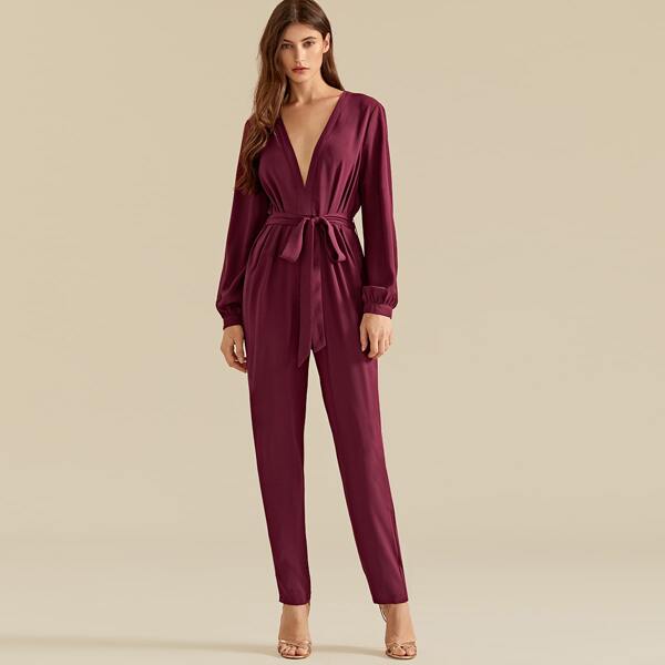 Premium Plunging Cut-out Back Belted Jumpsuit, Burgundy
Premium Plunging Cut-out Back Belted Jumpsuit, Burgundy