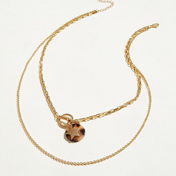 1pc Leopard Round & Star Charm Layered Necklace, Multicolor 
1pc Leopard Round & Star Charm Layered Necklace, Multicolor