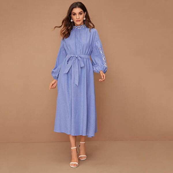 Floral Embroidered Lantern Sleeve Belted Dress, Blue