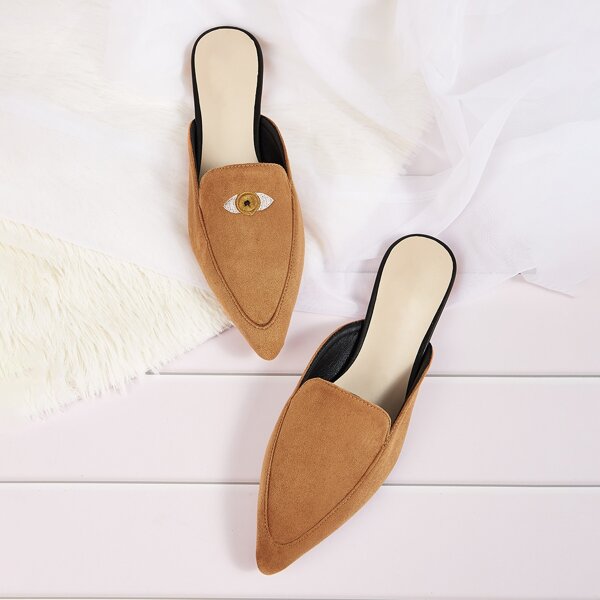 Point Toe Embroidered Flat Mules, Brown 
Point Toe Embroidered Flat Mules, Brown