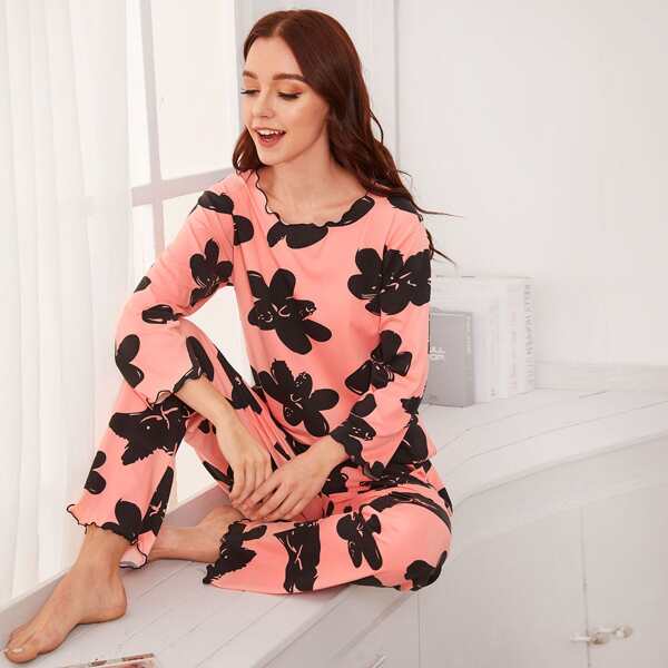 Floral Print Lettuce Trim PJ Set, Pink