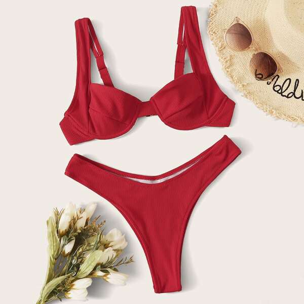 Rib Underwire Top With High Cut Bikini Set, Red