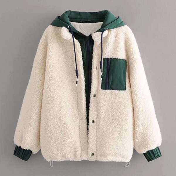 Zip Up Drawstring Hooded Teddy Coat, Beige