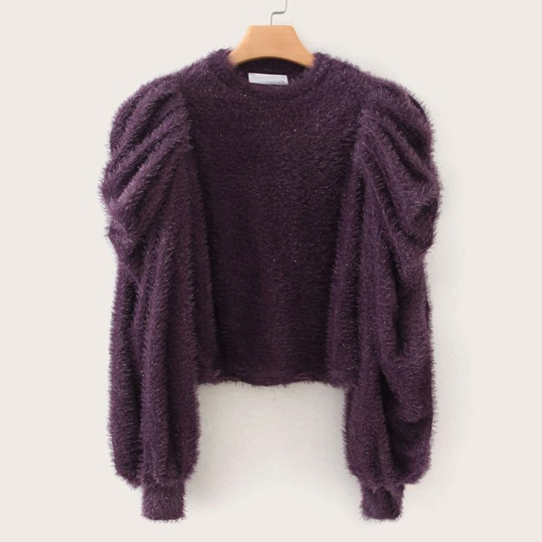 Puff Sleeve Fluffy Knit Sweater, Purple 
Puff Sleeve Fluffy Knit Sweater, Purple