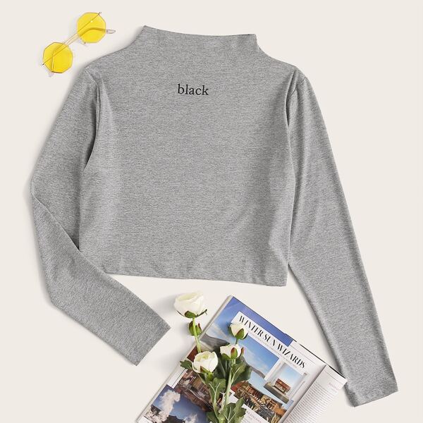Mock Neck Letter Graphic Crop Tee, Grey