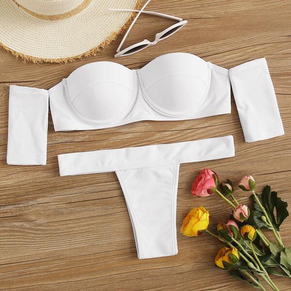 Bardot Top With Thong Bikini Set & Detachable Strap, White 
Bardot Top With Thong Bikini Set & Detachable Strap, White