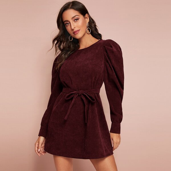 Self Belted Leg-of-mutton Sleeve Cord Dress, Burgundy