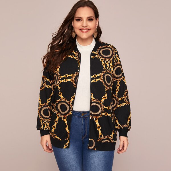 Plus Zip Up Chain Print Bomber Jacket, Black