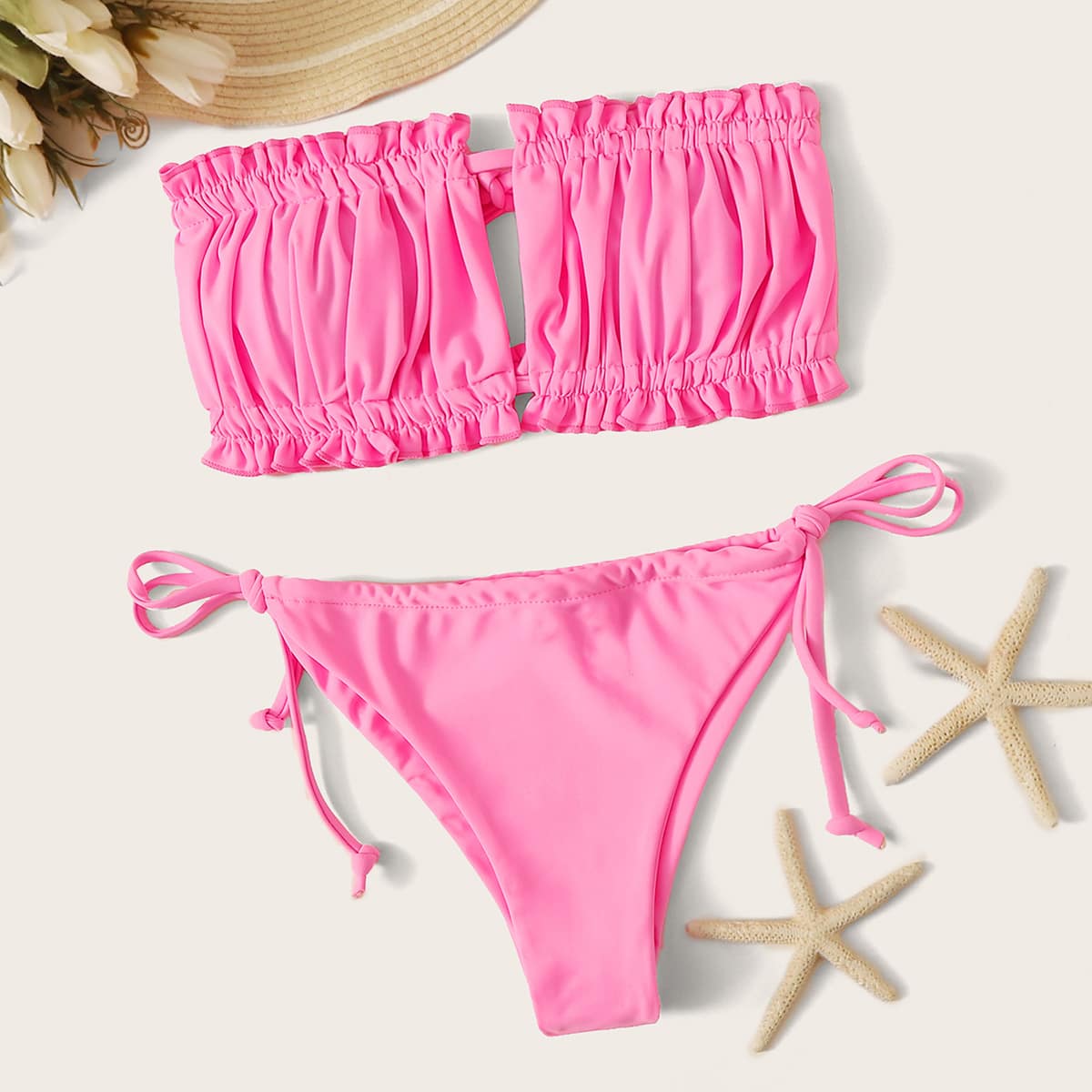 Ruched Bandeau Tie Side Bikini Swimsuit, Pink bright 
Ruched Bandeau Tie Side Bikini Swimsuit, Pink bright