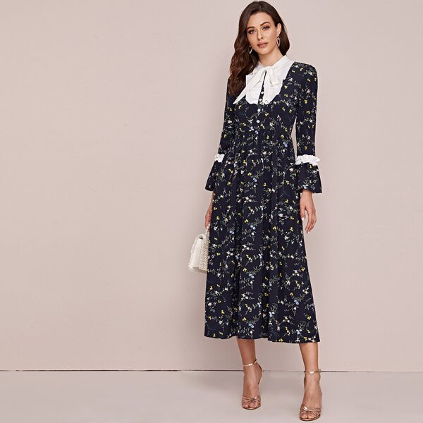 Contrast Tie Neck Flounce Sleeve Plants Print Dress, Navy