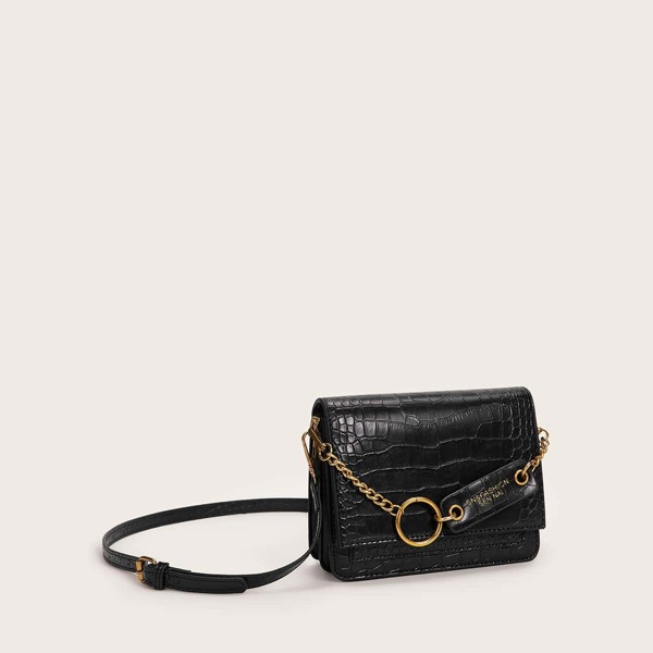 Croc Embossed Chain Decor Crossbody Bag, Black 
Croc Embossed Chain Decor Crossbody Bag, Black