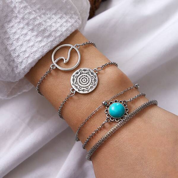 5pcs Turquoise & Ring Decor Chain Bracelet, Silver 
5pcs Turquoise & Ring Decor Chain Bracelet, Silver