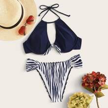 Knot Halter Top With Zebra Striped Bikini Set