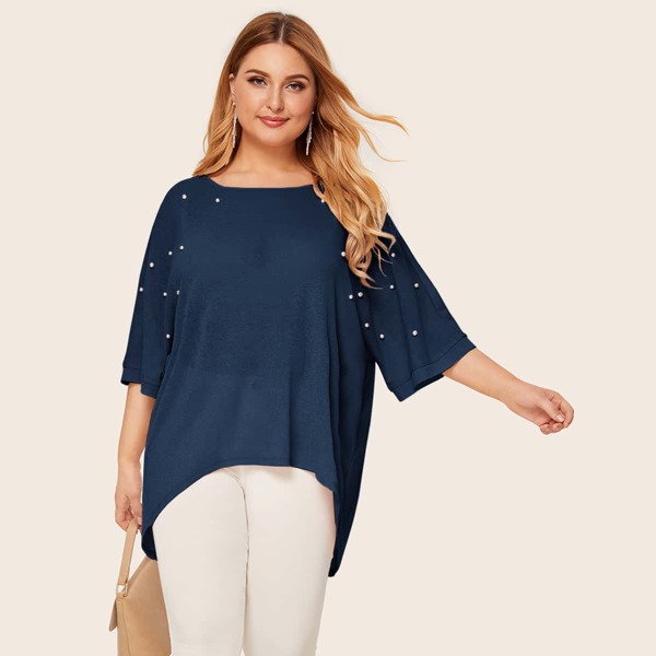 Plus Pearl Beaded High Low Hem Top, Navy blue