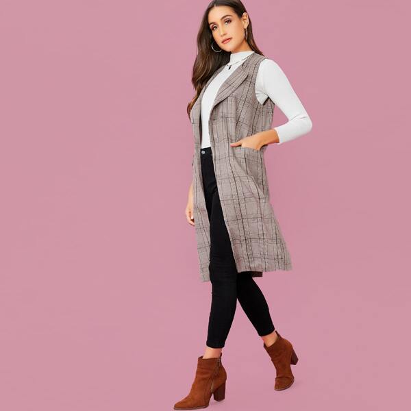 Longline Plaid Vest With Flap Pockets, Multicolor