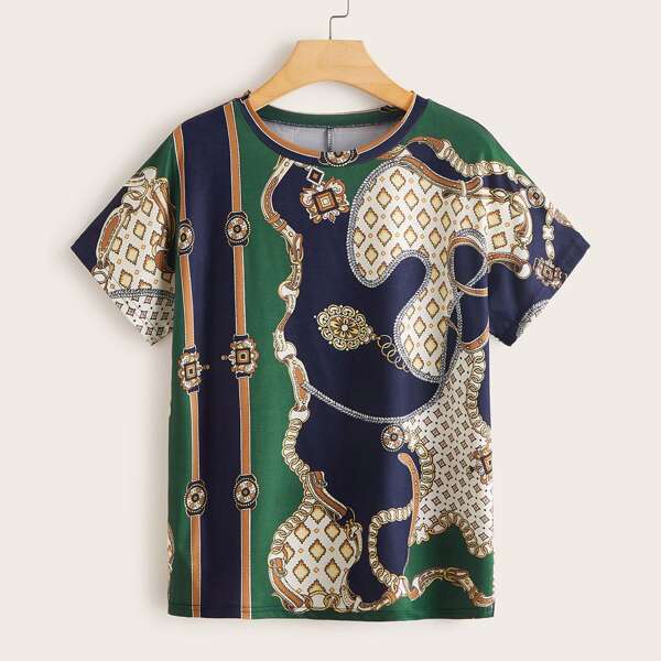 Chain Print Round Neck Tee, Multicolor 
Chain Print Round Neck Tee, Multicolor