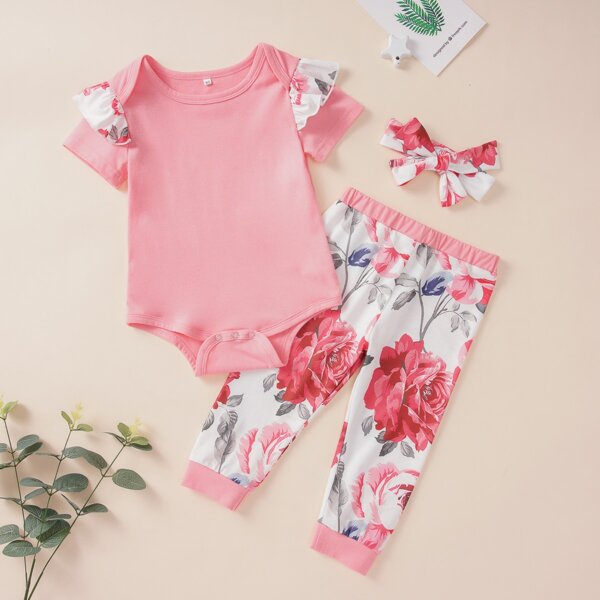 Повязка на голову, цветочные брюки и контрастный комбинезон для девочек, Многоцветный 
Повязка на голову, цветочные брюки и контрастный комбинезон для девочек, Многоцветный