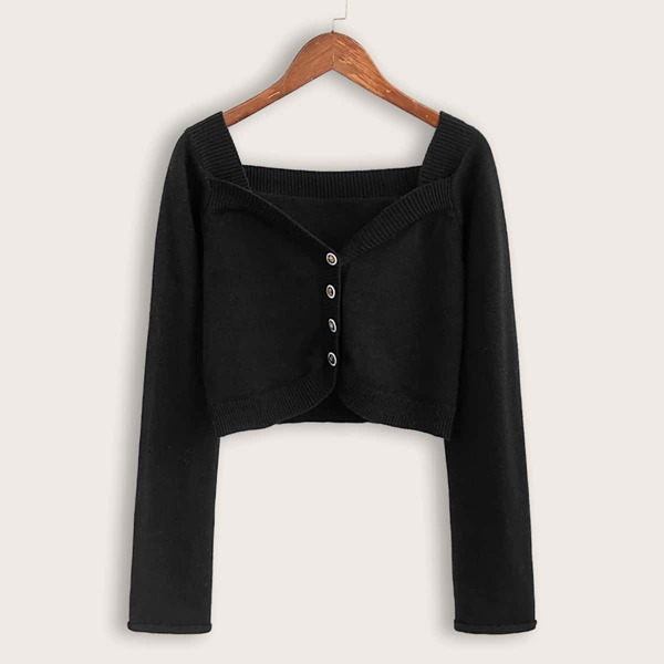Solid Button Through Crop Cardigan, Black
Solid Button Through Crop Cardigan, Black