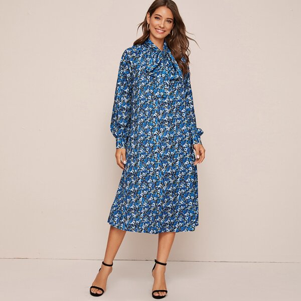 Floral Print Tie Neck Tunic Dress, Blue