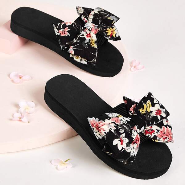 Тапочки с бантом и цветочным принтом для девочек, Многоцветный 
Тапочки с бантом и цветочным принтом для девочек, Многоцветный