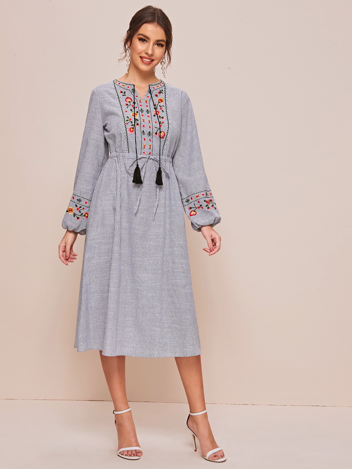Tassel Tie Neck Embroidered Striped Peasant Dress