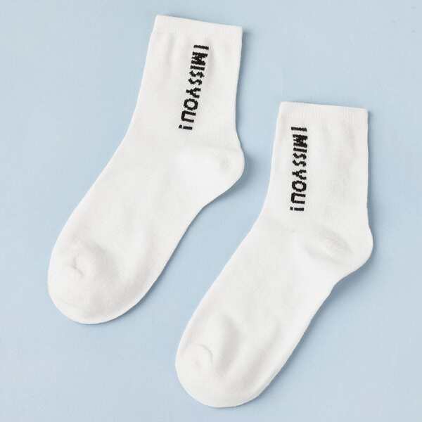 1pair Letter Graphic Socks, White
