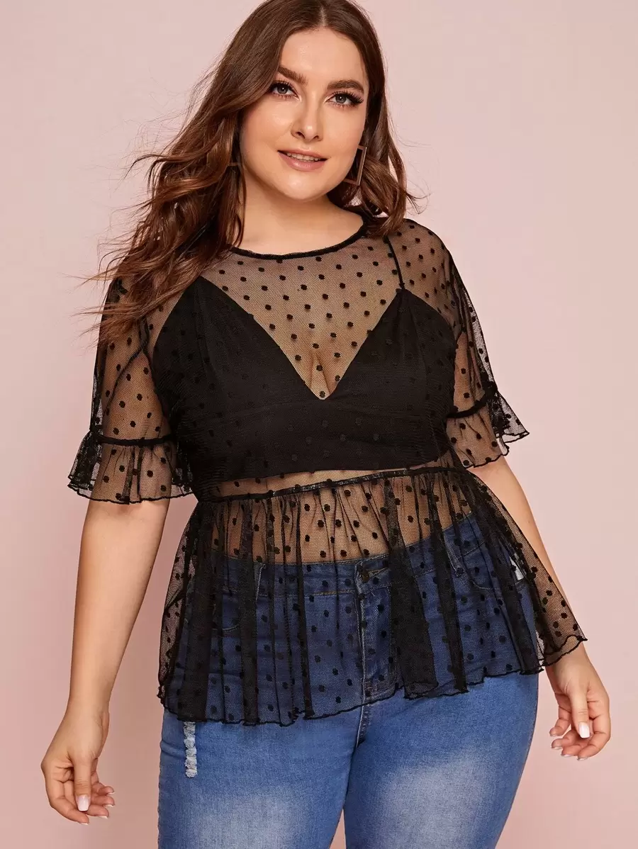 SHEIN Privé Plus Dot Mesh Sheer Peplum Top Without Bra