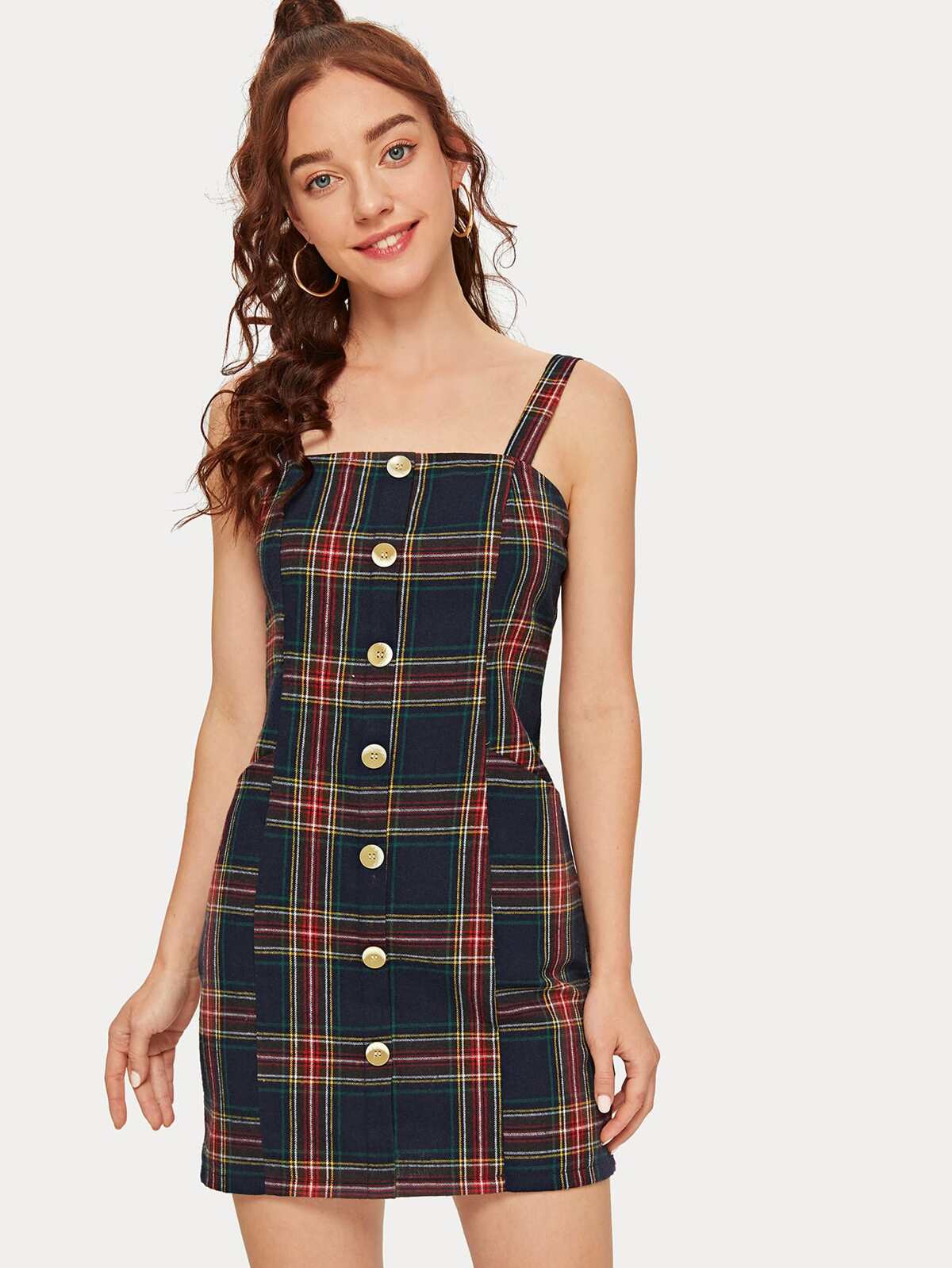 Button Front Tartan Cami Mini Dress