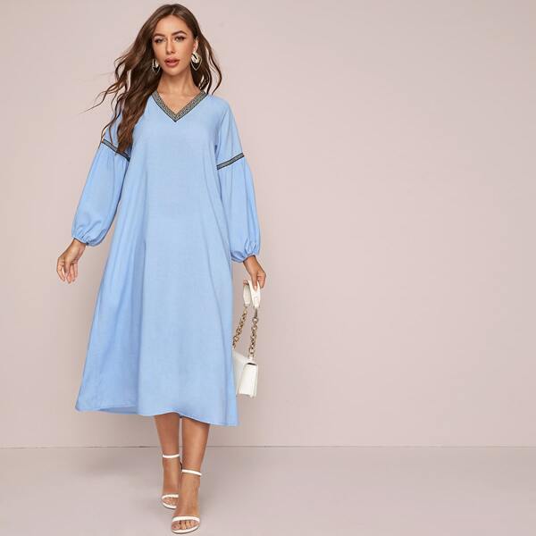 Geo Print Tape V-neck Tunic Dress, Blue