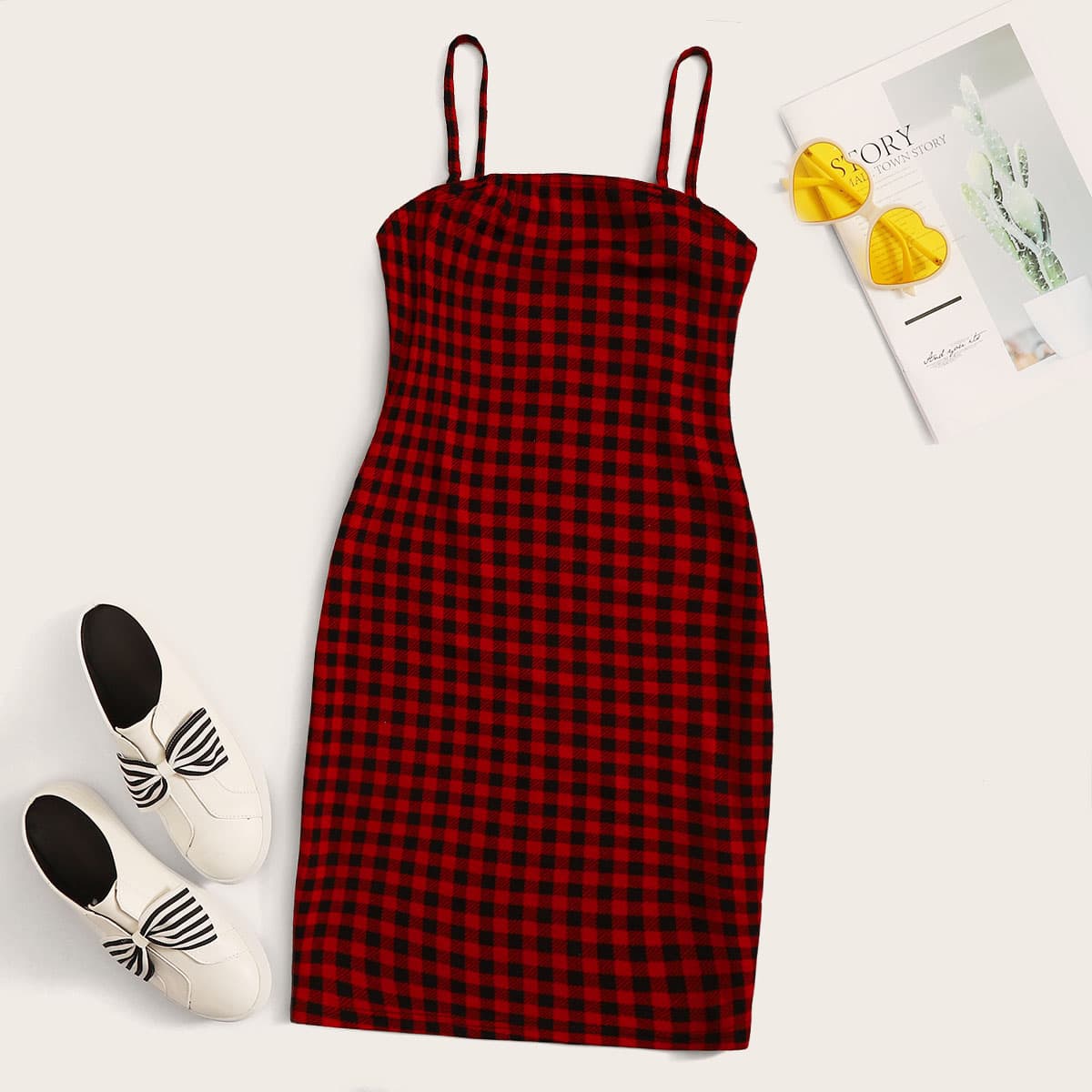 Form Fitted Gingham Slip Dress, Red 
Form Fitted Gingham Slip Dress, Red