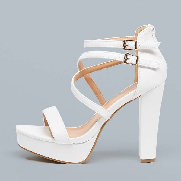 Open Toe Strappy Platform Chunky Heel Sandals, White