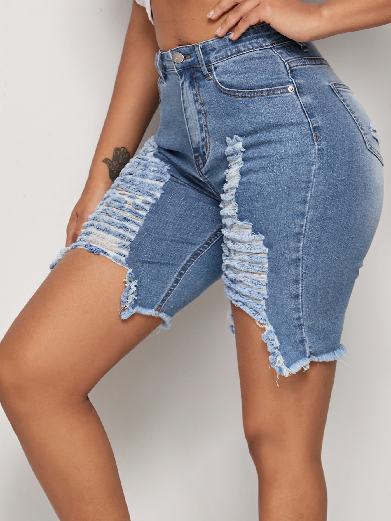 Raw Hem Ripped Cycling Denim Shorts