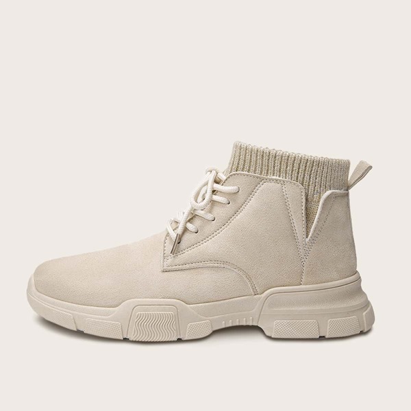 Men Lace-up Front Knit Panel Boots, Beige