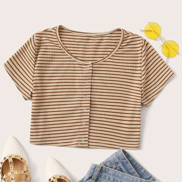 Striped Popper Detail Ribbed Tee, Khaki