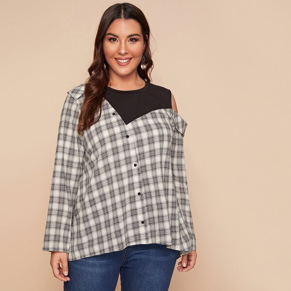 Plus Button Front Cold Shoulder 2 In 1 Plaid Blouse, Black and white
Plus Button Front Cold Shoulder 2 In 1 Plaid Blouse, Black and white