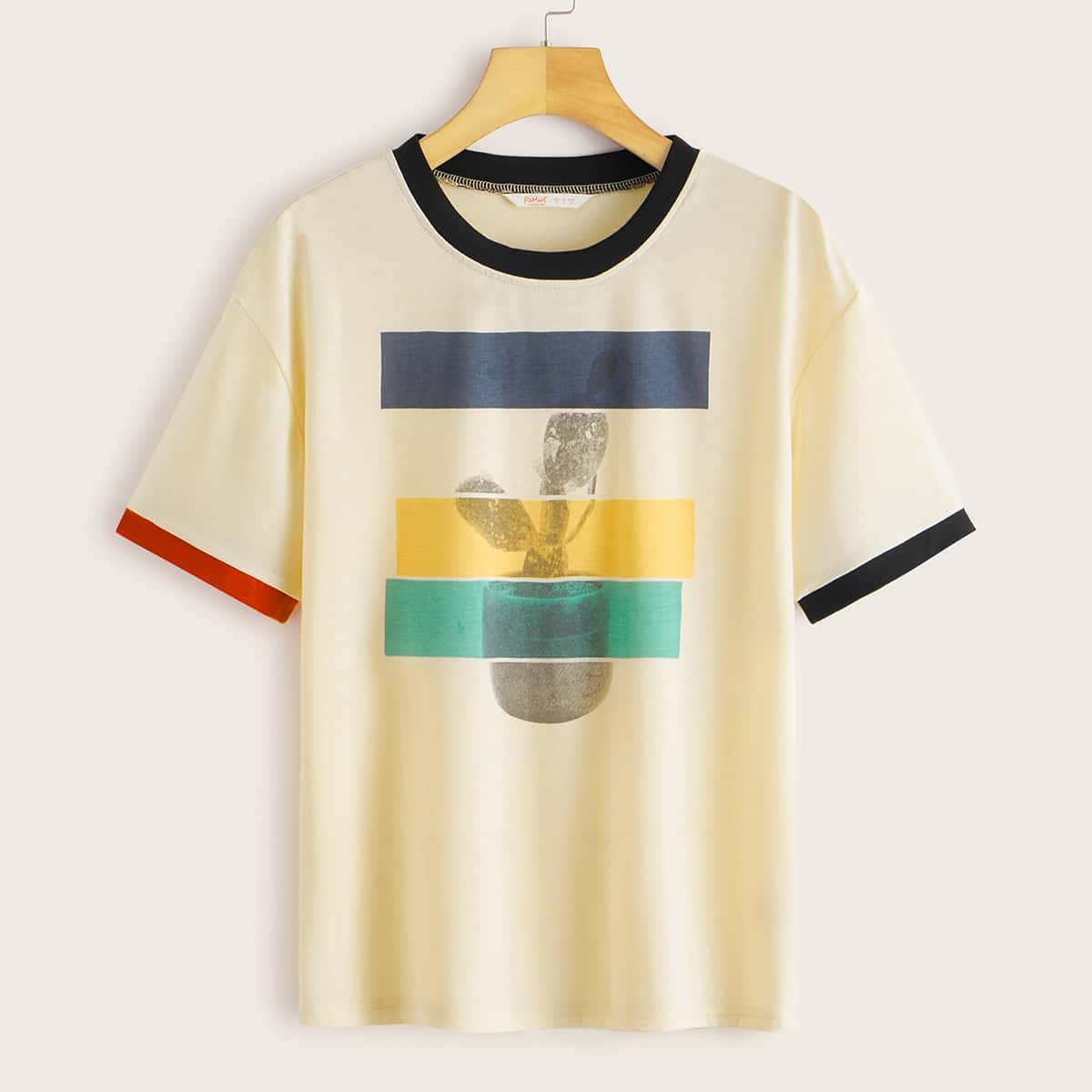 Graphic Print Ringer Tee, Beige 
Graphic Print Ringer Tee, Beige