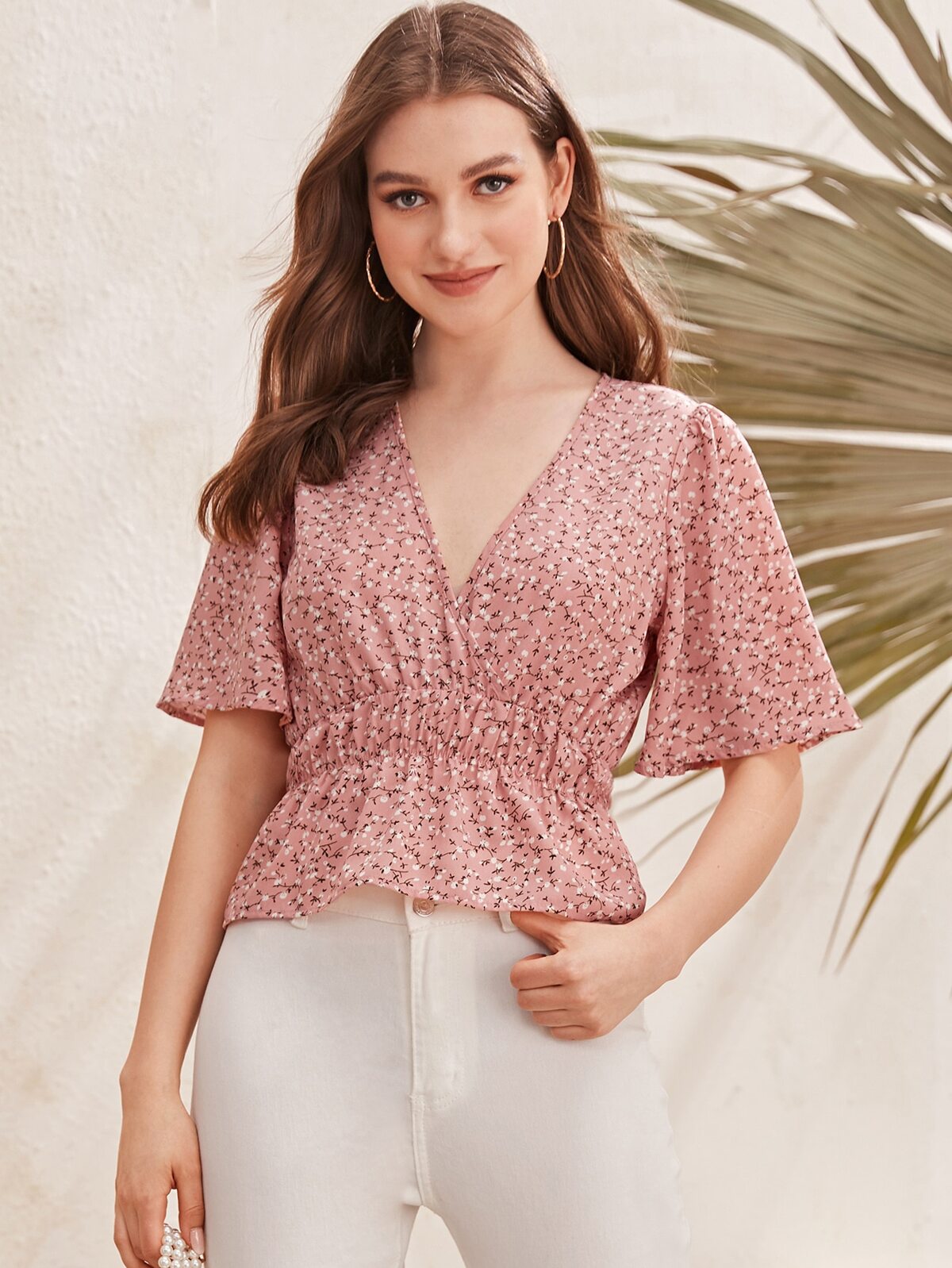 Gathered Waist Ditsy Floral Peplum Top