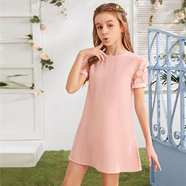 Girls Appliques Mesh Sleeve Dress, Pink