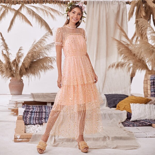 Star Mesh Overlay Layered Hem Dress, Pink