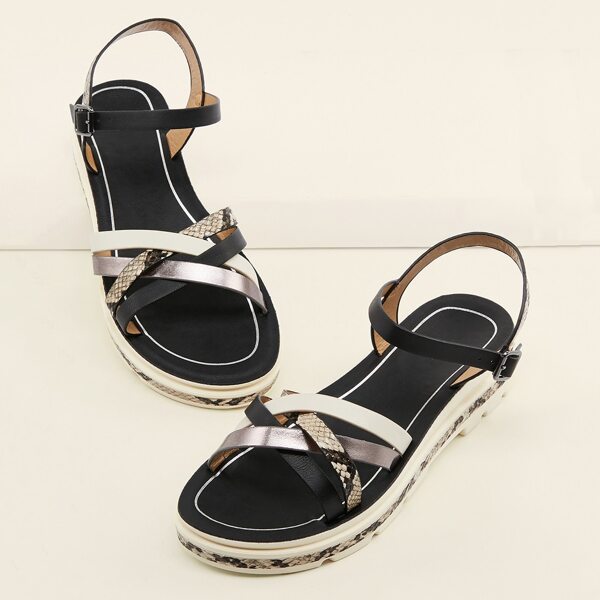 Snakeskin Strappy Open Toe Flatform Sandals, Black 
Snakeskin Strappy Open Toe Flatform Sandals, Black